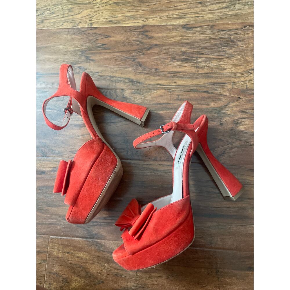 MIU MIU Flared Heel Bow Sandal Red Suede Shoes Size 37.5 US 7 7.5 PRADA Platform - Picture 4 of 7